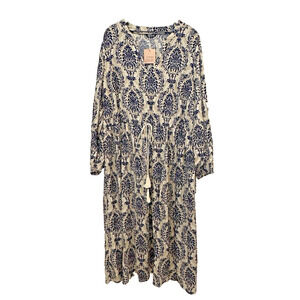 BLOOMCHIC Women 26 Dress Maxi Long Sleeve Boho Blue Cream NWT